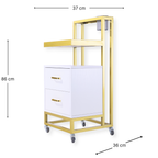 Barbershop Side Table On Wheels With Double Drawers and Shelf - Elva - White & Gold