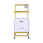 Barbershop Side Table On Wheels With Double Drawers and Shelf - Elva - White & Gold