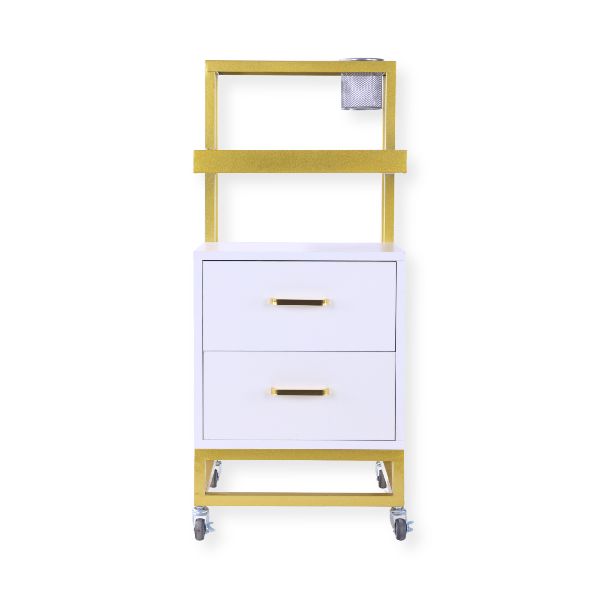 Barbershop Side Table On Wheels With Double Drawers and Shelf - Elva - White & Gold