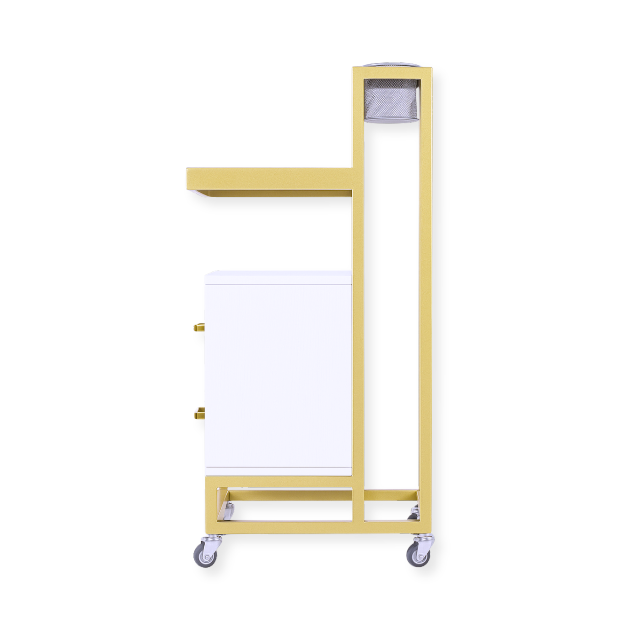 Barbershop Side Table On Wheels With Double Drawers and Shelf - Elva - White & Gold