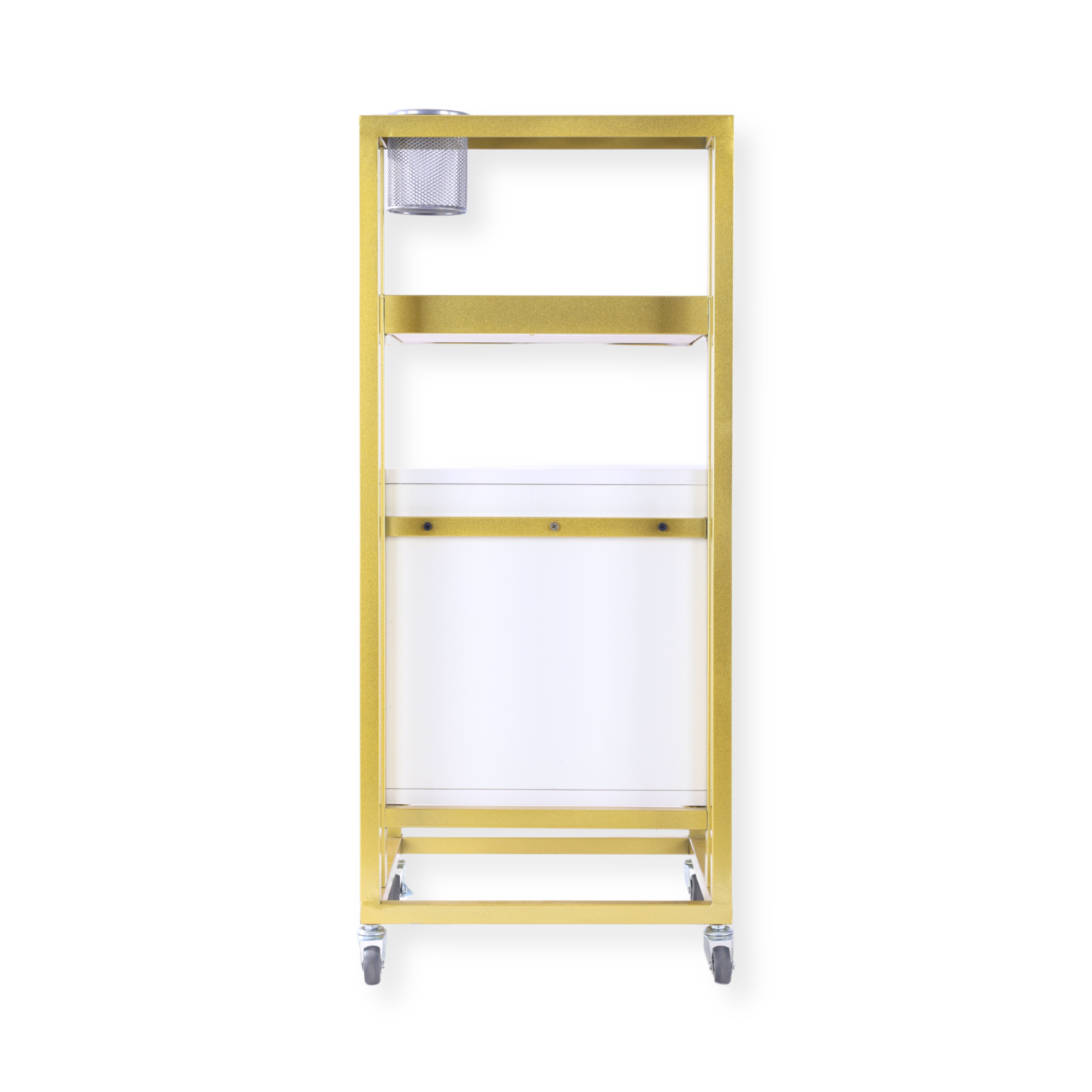 Barbershop Side Table On Wheels With Double Drawers and Shelf - Elva - White & Gold