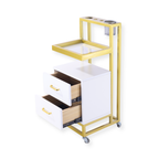 Barbershop Side Table On Wheels With Double Drawers and Shelf - Elva - White & Gold