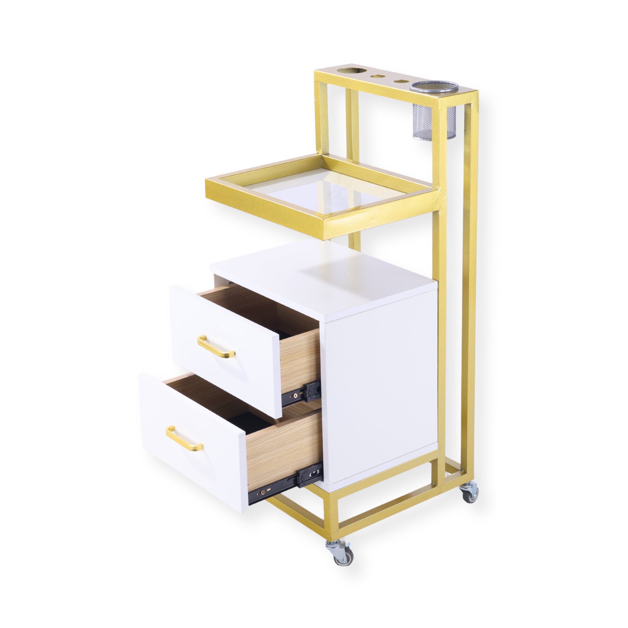 Barbershop Side Table On Wheels With Double Drawers and Shelf - Elva - White & Gold