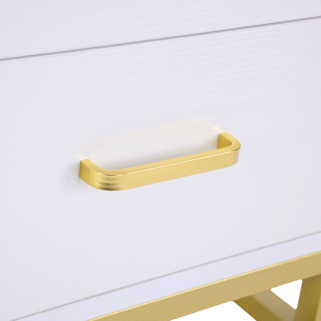 Barbershop Side Table On Wheels With Double Drawers and Shelf - Elva - White & Gold