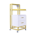 Barbershop Side Table On Wheels With Double Drawers and Shelf - Elva - White & Gold