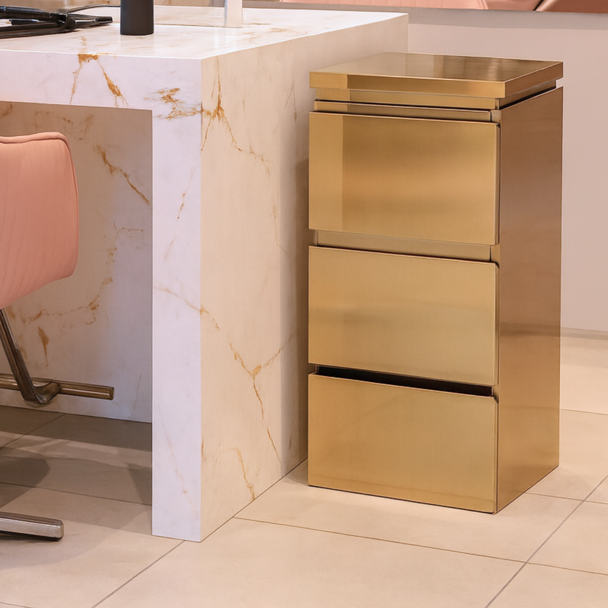 Metal Barbershop Side Table with 3 Drawers - Lira - Gold