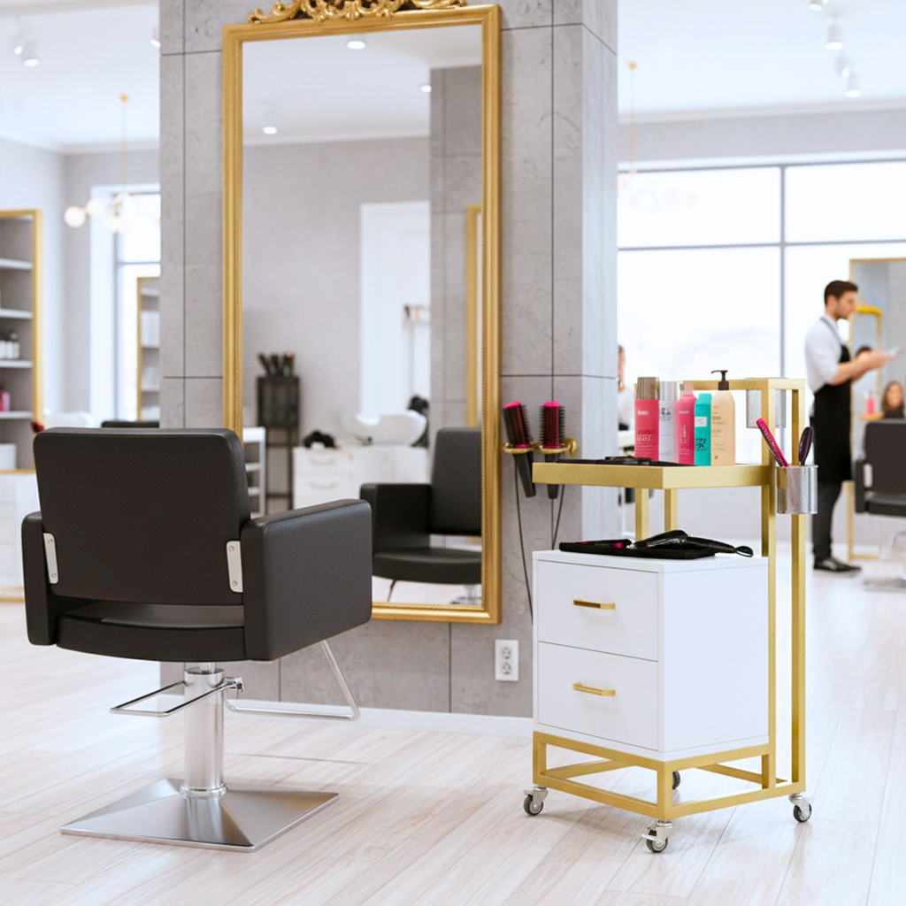 Barbershop Side Table On Wheels With Double Drawers and Shelf - Elva - White & Gold