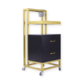Barbershop Side Table On Wheels With Double Drawers and Shelf Elva Black & Gold