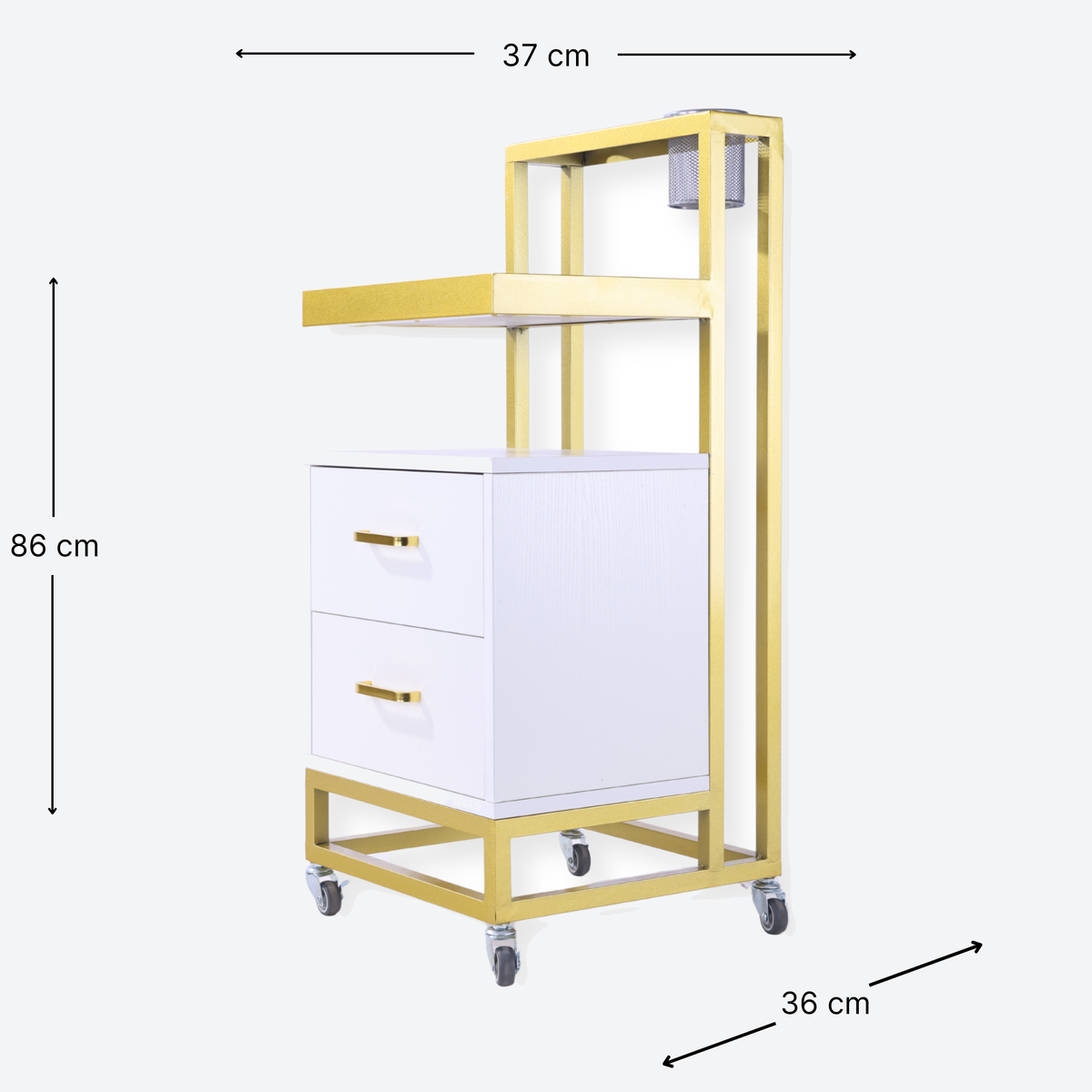Barbershop Side Table On Wheels With Double Drawers and Shelf - Elva - White & Gold
