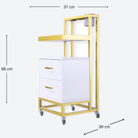 Barbershop Side Table On Wheels With Double Drawers and Shelf - Elva - White & Gold