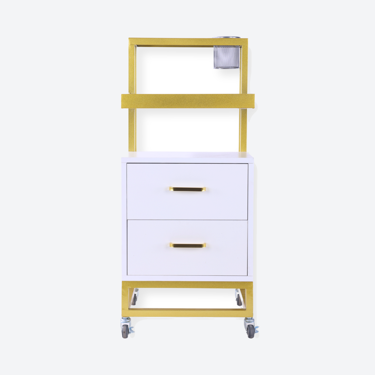 Barbershop Side Table On Wheels With Double Drawers and Shelf - Elva - White & Gold
