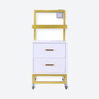 Barbershop Side Table On Wheels With Double Drawers and Shelf - Elva - White & Gold