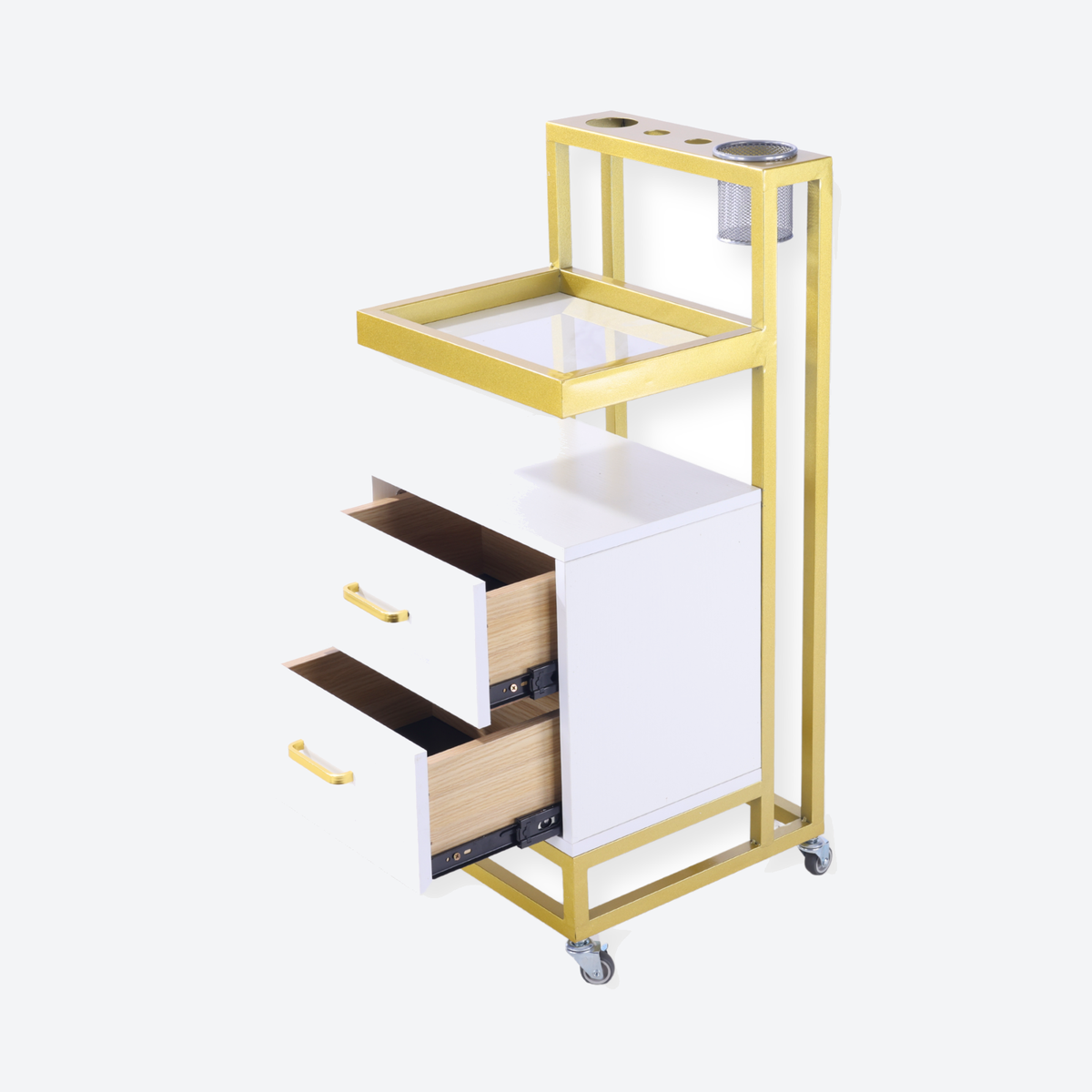 Barbershop Side Table On Wheels With Double Drawers and Shelf - Elva - White & Gold