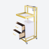 Barbershop Side Table On Wheels With Double Drawers and Shelf - Elva - White & Gold